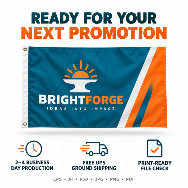 Blue and orange Brightforge custom flag banner with production, ground-shipping, and print-ready file-check information.