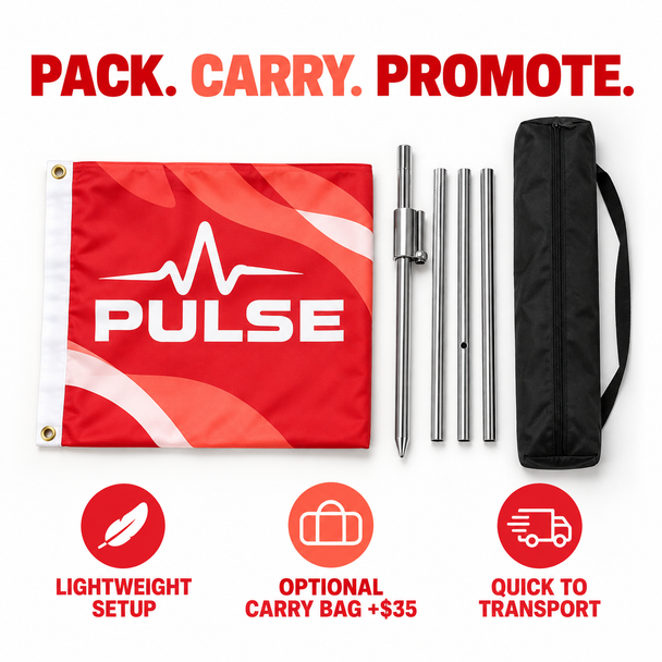 Folded red Pulse flag banner displayed with sectional silver poles and an optional black carrying bag.