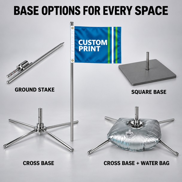 Custom flag banner displayed with four base options: ground stake, square base, cross base, and water-weighted cross base.