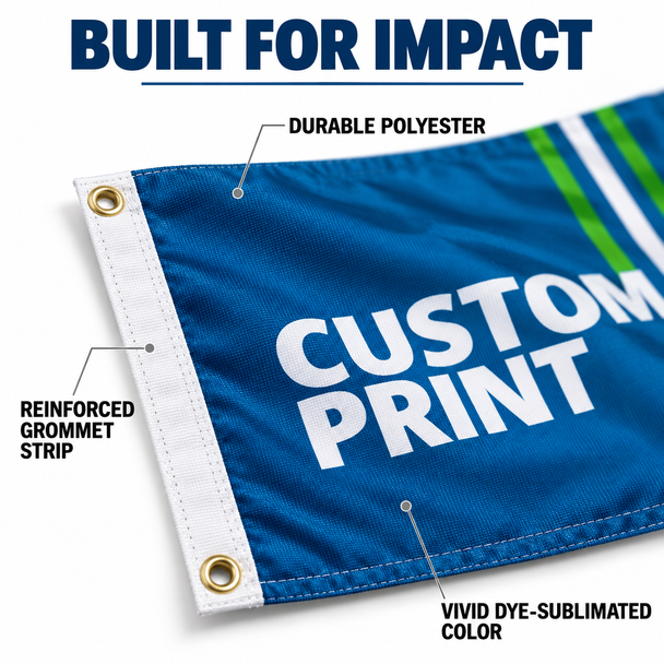 Close-up of a blue polyester flag banner showing a reinforced white grommet strip, stitched edge, and dye-sublimated print.