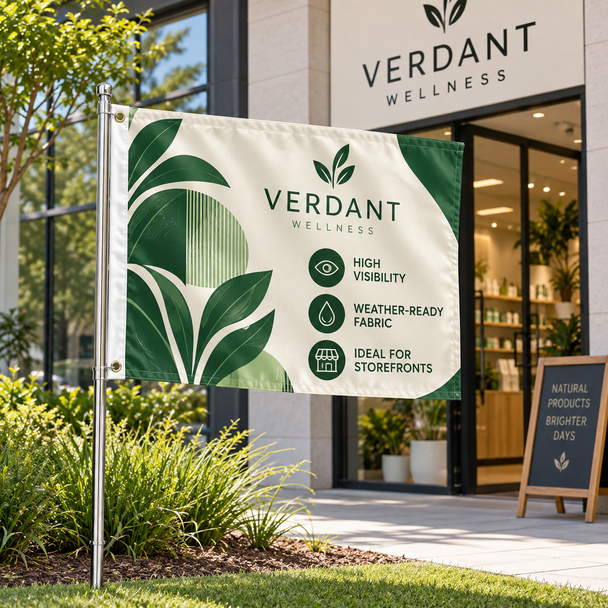 Green and white Verdant Wellness custom flag banner displayed on a pole outside a storefront.