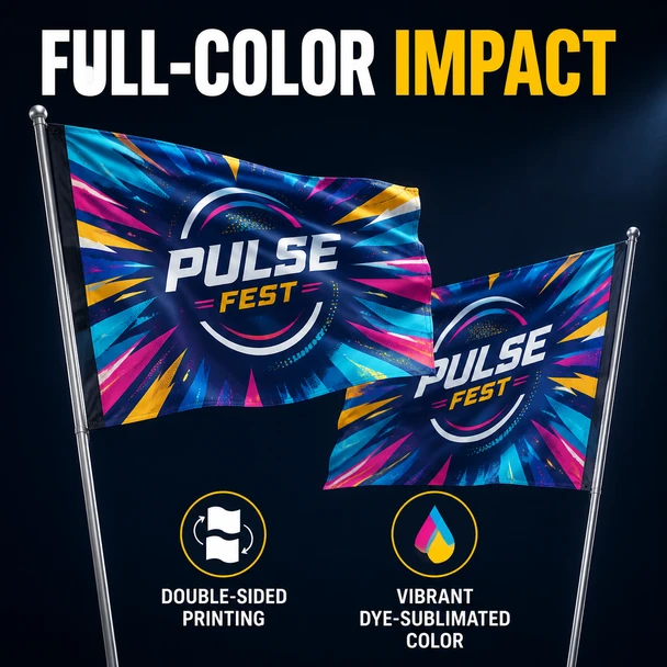 Two colorful Pulse Fest spirit flags demonstrating double-sided printing and vibrant dye-sublimated graphics.