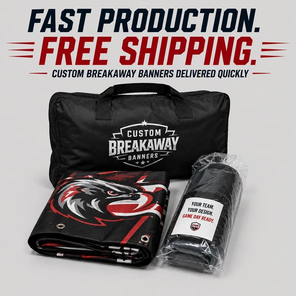 Custom breakaway banner kit displayed with a branded carrying bag, folded printed banner, and packaged components.