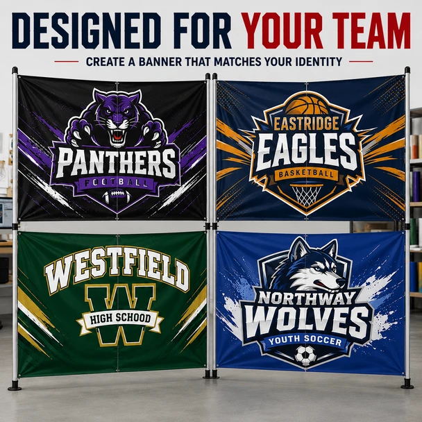 Four custom breakaway banners featuring Panthers, Eagles, Westfield, and Northway Wolves team designs.