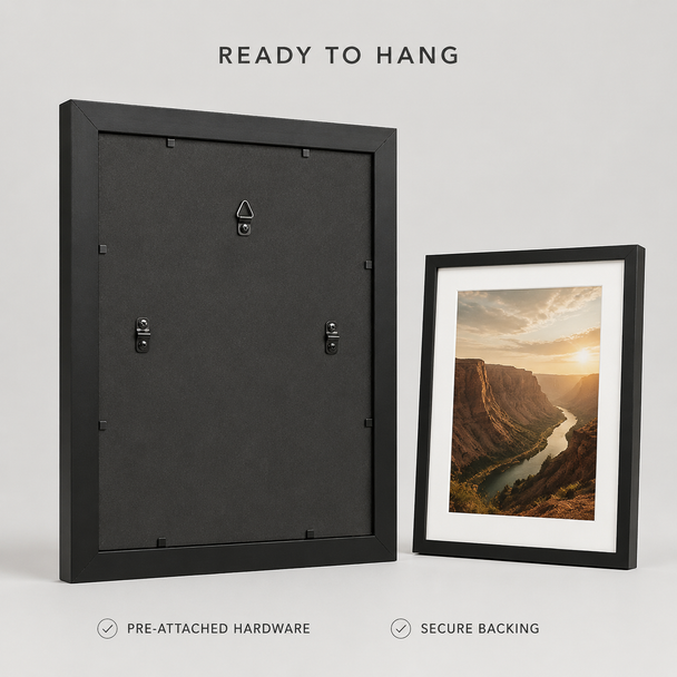 Back and front views of ready-to-hang photo framed prints with pre-attached hardware