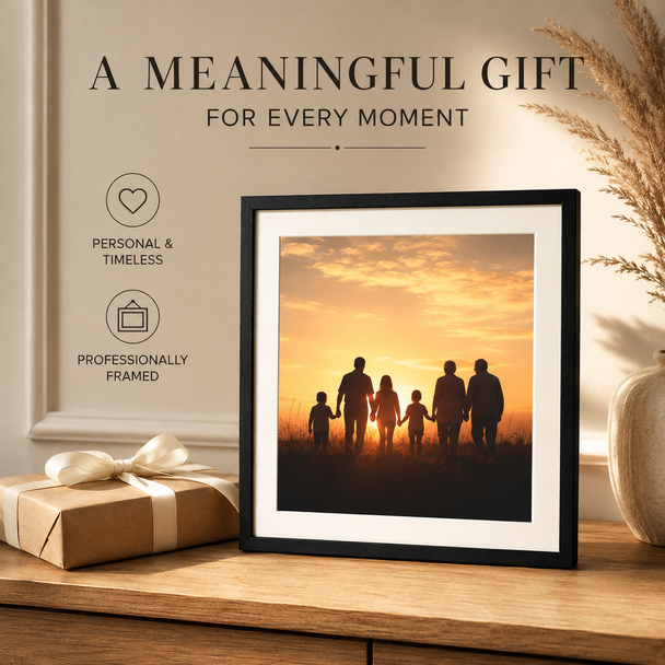 Personalized family sunset photo displayed in a black matted frame as a meaningful gift