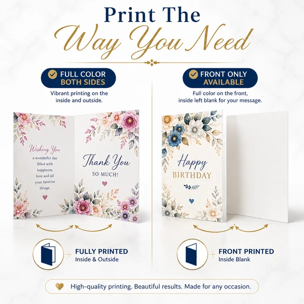 Custom greeting card printing options showing full-color inside and outside or a printed front with blank interior.