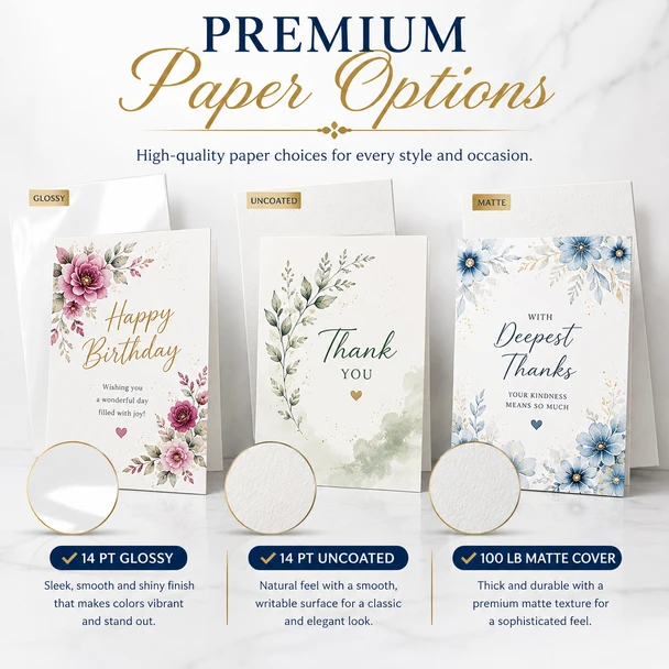 Floral greeting cards displaying 14 pt. Glossy, 14 pt. Uncoated, and 100 lb. Matte Cover paper options.