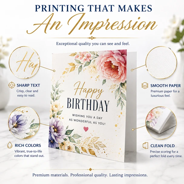 Floral birthday greeting card highlighting sharp text, rich colors, smooth premium paper, and clean scored folding.