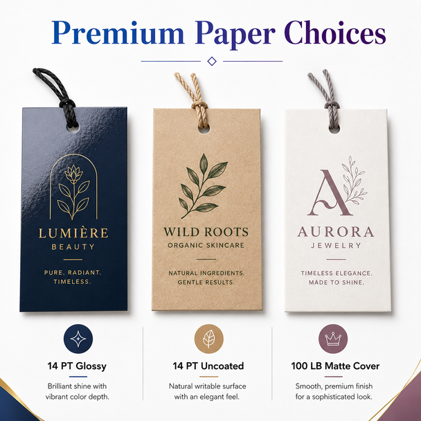 Three premium custom hang tags displaying glossy, uncoated, and matte-style paper finishes in navy, kraft brown, and white.