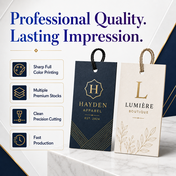 Premium navy and cream custom hang tags highlighting sharp full-color printing, multiple paper stocks, precision cutting, and fast production.