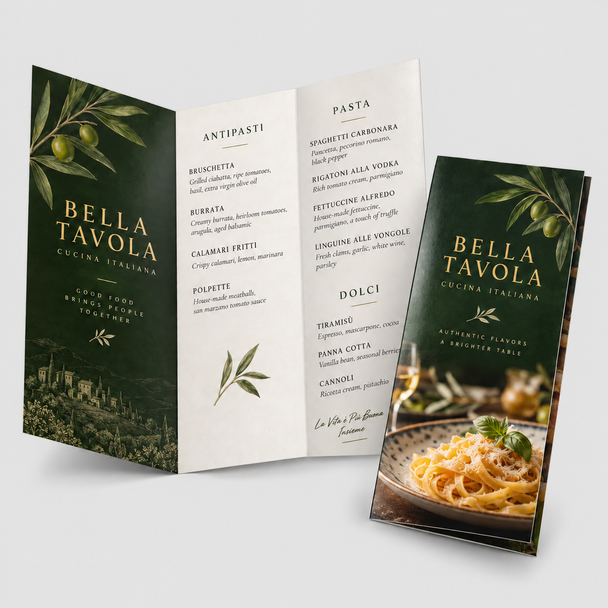 Open and folded Bella Tavola Italian restaurant mini menus featuring a dark green botanical design, pasta photography, and organized menu sections.