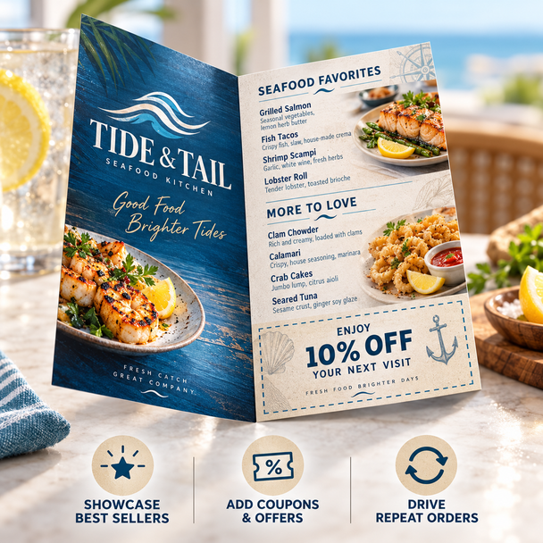 Tide & Tail seafood mini menu featuring food photography, menu selections, and a 10-percent-off coupon designed to encourage repeat orders.