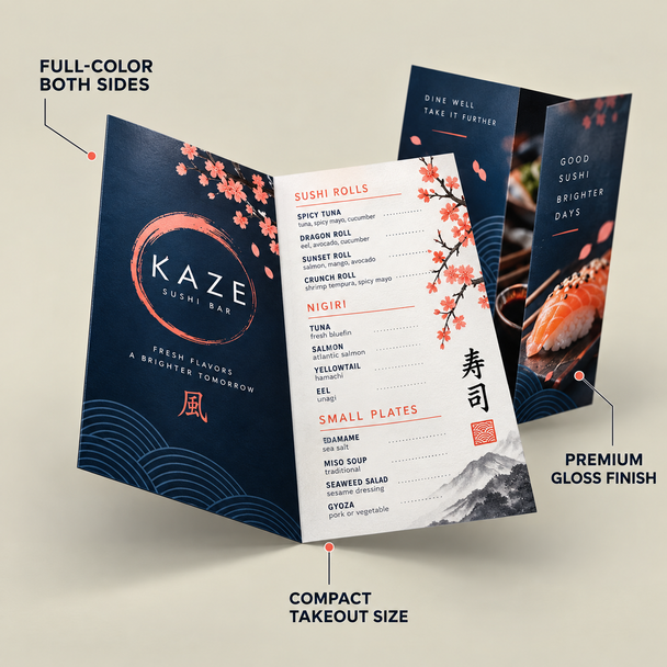Kaze Sushi Bar mini menus demonstrating full-color two-sided printing, a premium gloss finish, and a compact takeout-friendly format.