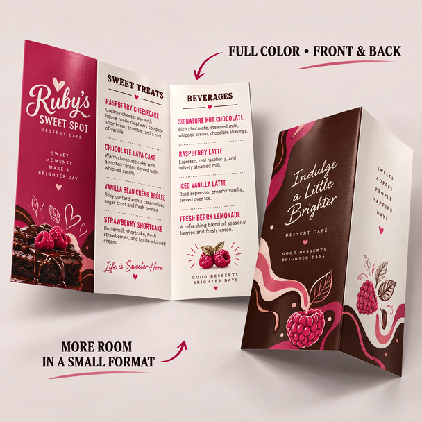 Ruby’s Sweet Spot dessert café mini menus shown open and folded with full-color front-and-back printing in a compact format.