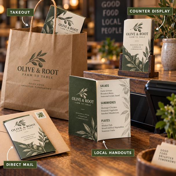 Olive & Root mini menus displayed for takeout bags, countertop holders, direct mail, and local handout distribution.