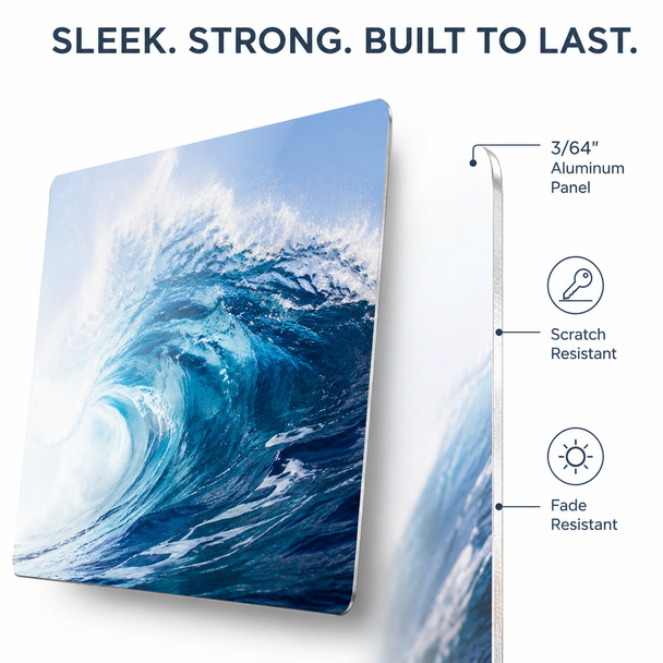 Ocean wave metal wall print shown on a slim 3/64-inch aluminum panel