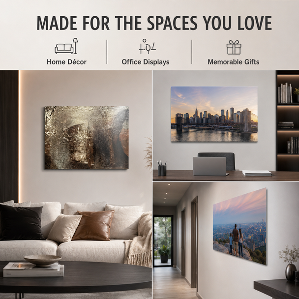 Custom metal wall prints displayed as home décor, office artwork, and personalized gifts