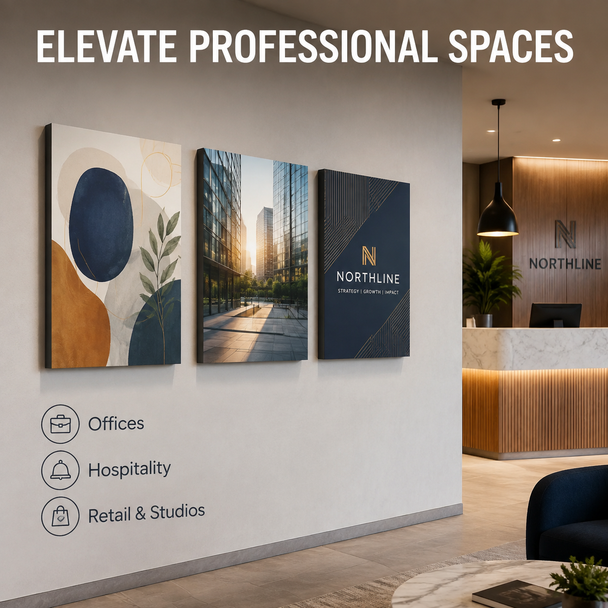 Custom mounted wall prints displayed in a modern office reception area