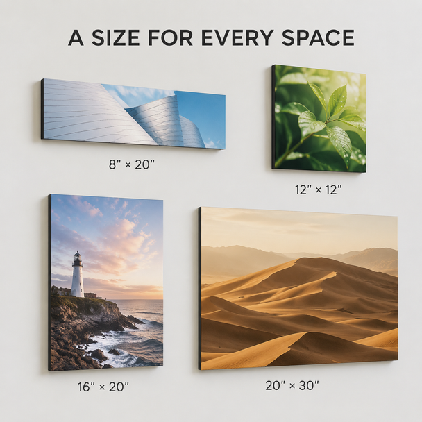 Mounted wall prints in 8 × 20, 12 × 12, 16 × 20, and 20 × 30 sizes with assorted nature photography