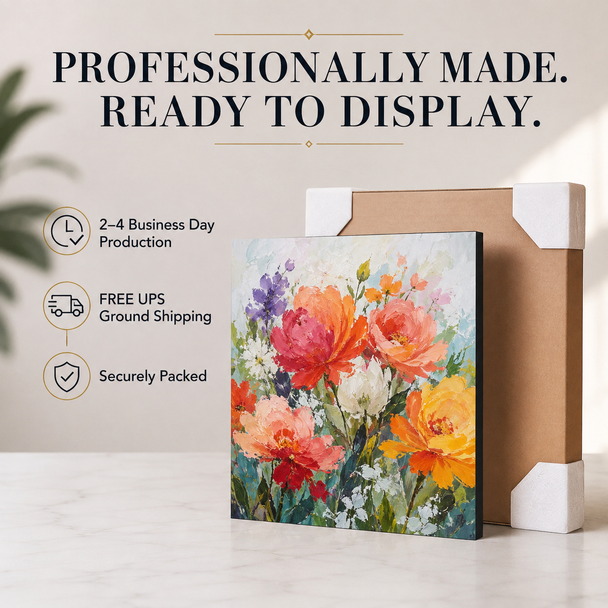 Colorful floral mounted wall print securely packaged for shipping