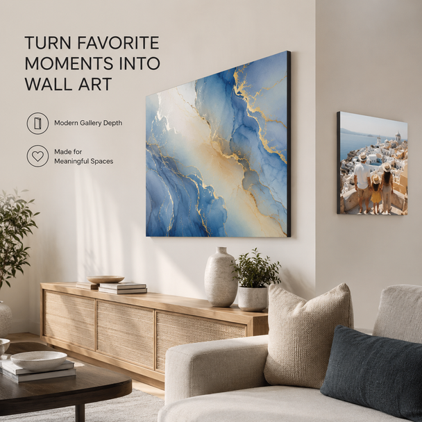 Personalized mounted wall art displayed above a contemporary living-room console