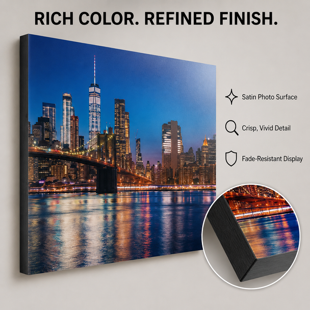 Mounted city skyline print on matte photo paper with vivid color and black textured edges