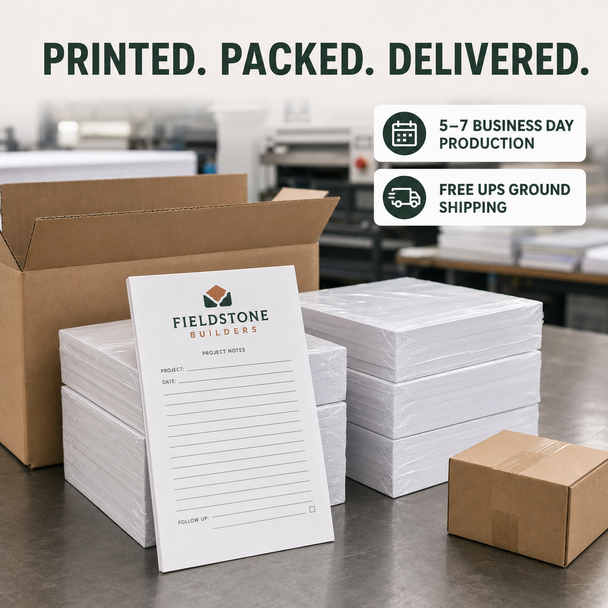 Printed Fieldstone Builders project notepads stacked and packaged in shipping boxes inside a commercial print production facility.