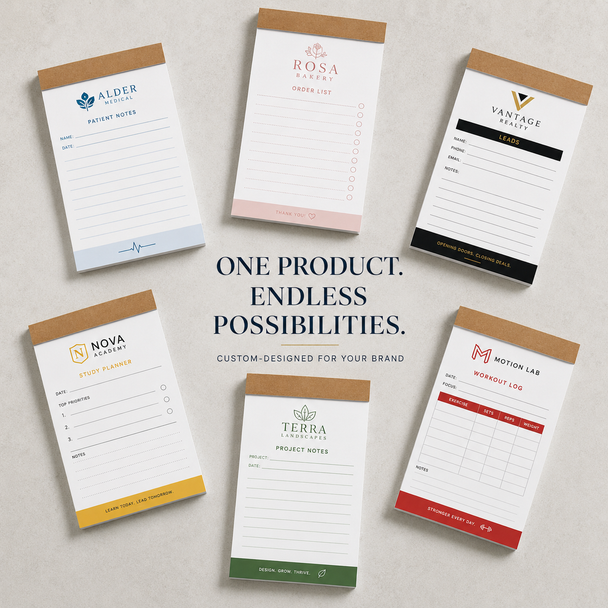 Six custom notepad designs for medical, bakery, real estate, education, landscaping, and fitness businesses.