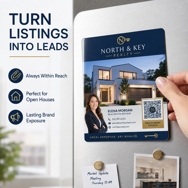 North & Key Realty postcard magnet being placed on a refrigerator, featuring a property photo, agent details, and QR code.