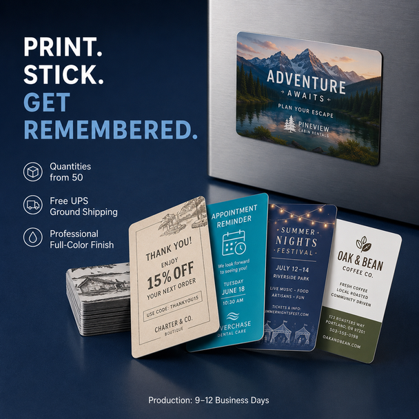 Assorted full-color postcard magnets for travel, discounts, appointment reminders, festivals, and coffee shops, with production information displayed.