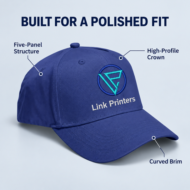 Blue five-panel structured twill cap with high-profile crown and curved brim