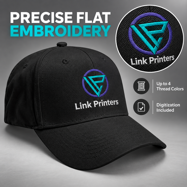 Black twill cap with precise flat embroidery, four thread colors, and included digitization.