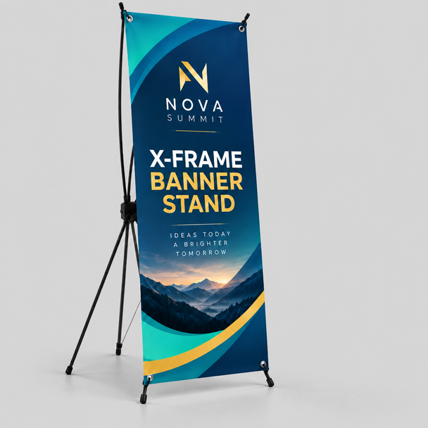 Custom X-frame banner stand displaying a blue and teal Nova Summit promotional graphic on a light gray background.