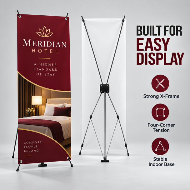 Front and rear views of a hotel X-frame banner highlighting its strong frame, four-corner tension system, and stable indoor base.