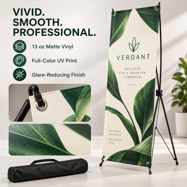 Custom X-frame display printed on 13 oz matte vinyl with botanical artwork, detail close-ups, and an included travel bag.