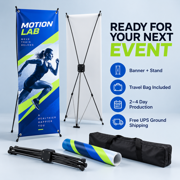 Complete X-frame banner package with a Motion Lab printed graphic, folding stand, rolled banner, and black travel bag.