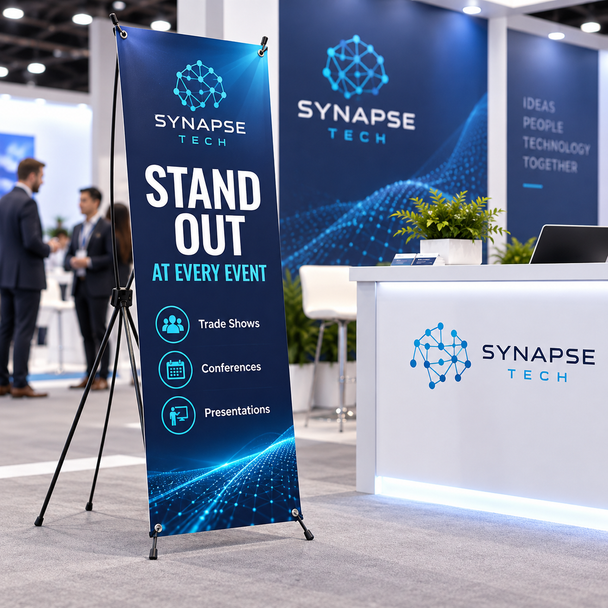 Custom Synapse Tech X-frame banner stand promoting a business at a busy indoor trade show booth.
