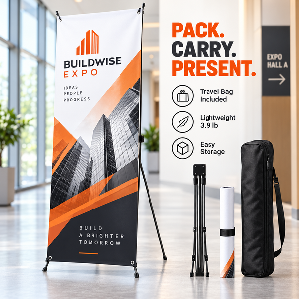 Portable X-frame banner stand with an orange BuildWise Expo graphic, folded hardware, rolled banner, and black travel bag.
