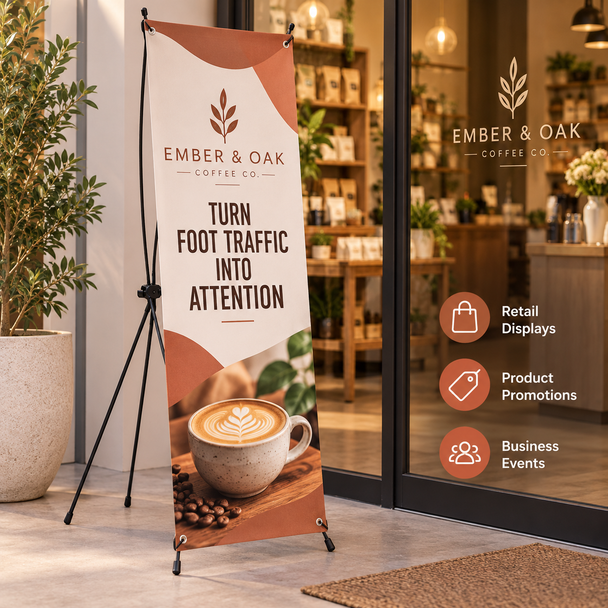 Custom Ember and Oak X-frame banner displayed outside a coffee shop for retail promotions and increased foot traffic.