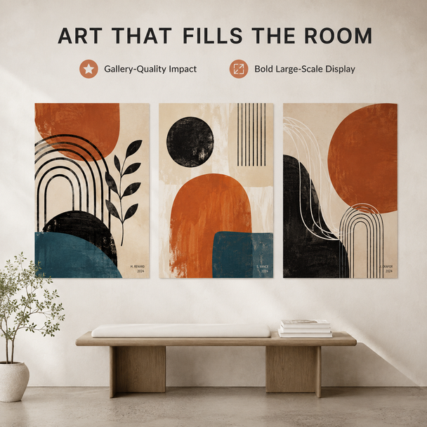 Three coordinated abstract art posters in rust, black, cream, and teal displayed above a wooden bench in a minimalist room.