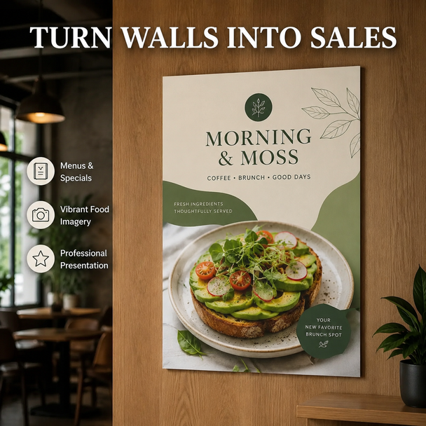 Morning and Moss café poster featuring avocado toast, botanical branding, and a professional wall-mounted presentation for menus and specials.