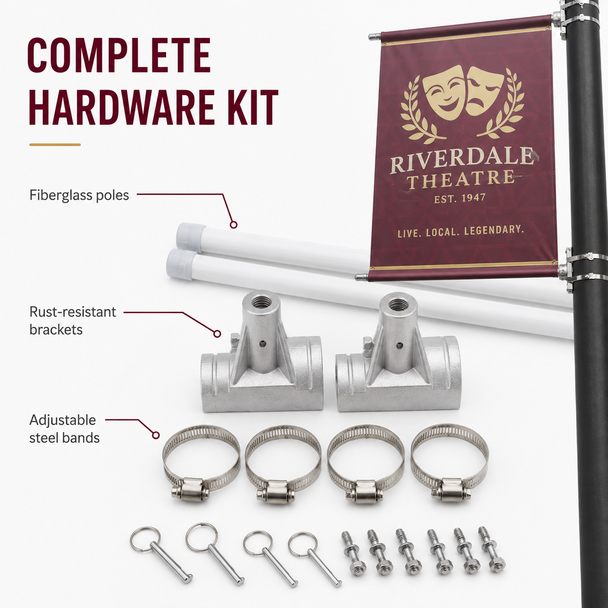 Complete pole-banner hardware kit with fiberglass poles, metal mounting brackets, adjustable steel bands, pins, and threaded screws.