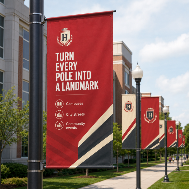 Row of red and cream custom pole banners lining a landscaped university campus walkway.