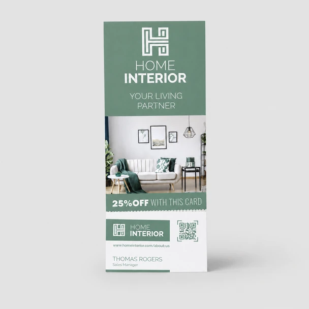 Green Home Interior RIP Card with a living-room photo, 25% discount offer, QR code, and perforated business card.