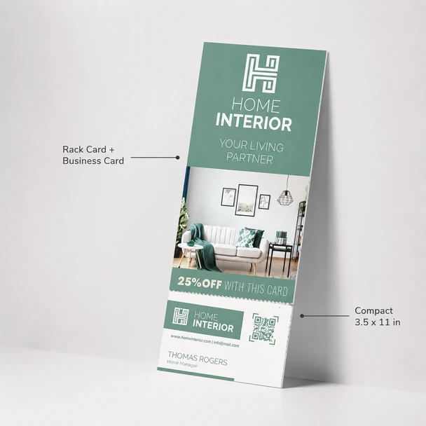 Angled 3.5" × 11" RIP Card combining a promotional rack card with a perforated business card.