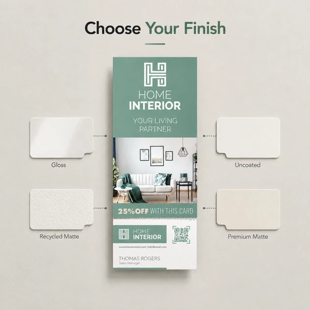 Custom RIP Card displayed with gloss, uncoated, recycled matte, and premium matte finish samples.