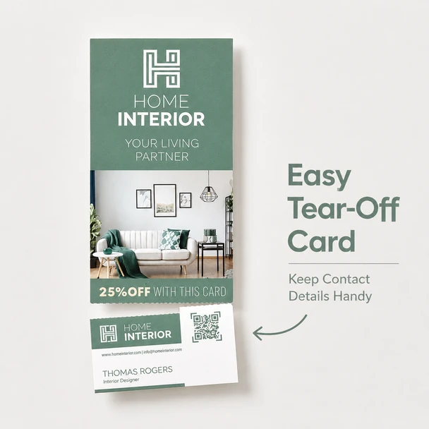 Home Interior RIP Card with its perforated business card partially detached below the main promotional section.