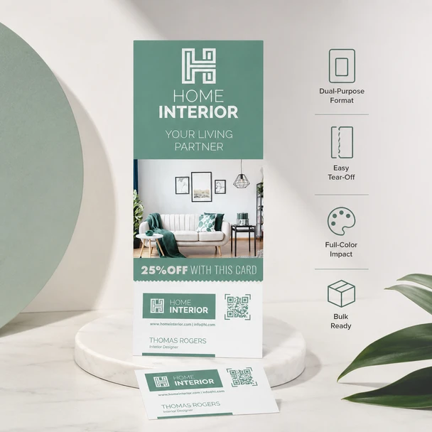 Custom RIP Card standing beside its detached business card with icons highlighting dual-purpose and tear-off features.