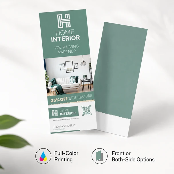 Front and back views of a full-color RIP Card with a perforated tear-off business card section.